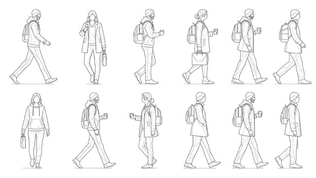 Urban Commuter Human Scale Figures &ndash; Walking with Backpacks and Coffee Cups AutoCAD Blueprint Top and Side Elevations