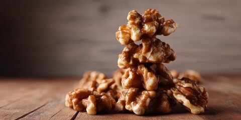 Fototapeta premium Crisp walnuts piled on rustic wooden surface. Rich brown shells gleam with natural texture. Each nut displays uneven, rugged, organic form. Warm lighting enhances depth and earthy tones