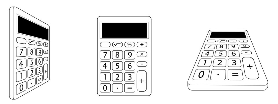 Ilustraci&oacute;n de calculadora en blanco y negro. Icono de contabilidad y negocios. Vector para sitio web, folleto, app, dise&ntilde;o, gr&aacute;fica y otros.