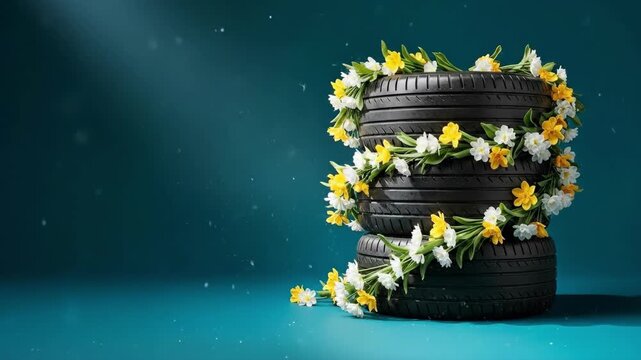 Car tires stacked and wrapped with yellow daffodils. Easter spring renewal concept. Floral decoration on automotive wheels symbolizing eco friendly seasonal change and new beginnings