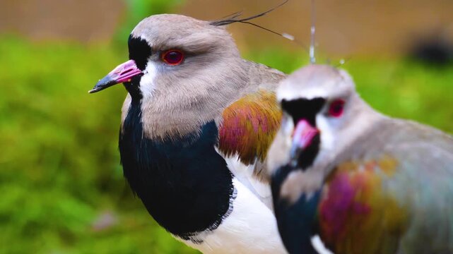 Close up of two Northern lapwing wading bird heads standing beside each other and looking around with rack focus