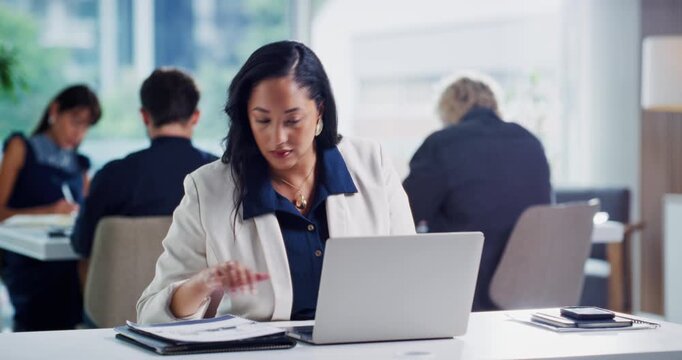 Business, woman or laptop with documents in office for record keeping, invoice review or coworking. Staff, accountant and tech with report to compare client info, audit compliance and risk assessment