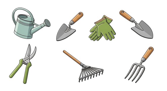 Colorful vector illustration of gardening tools and accessories for yard work and maintenance