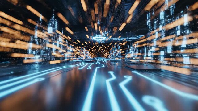 Futuristic Digital Data Tunnel with Glowing Blue Circuit Board Lines and Orange Light Motion Blur for Technology Backgrounds and Cybersecurity Concepts.