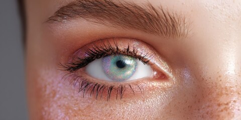 Obraz premium A macro shot of an eye with sparkling glitter makeup and a vibrant, holographic-patterned contact lens, creating a glamorous and futuristic look.