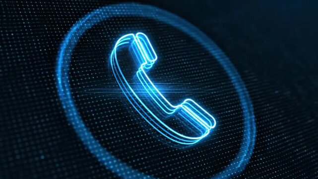 Futuristic holographic-style blue neon phone icon appearing in the center with transparent light layers, subtle scanline shimmer, glowing edges, slowly fading out, seamless 4K loop