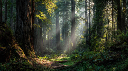 Obraz premium Majestic forest landscape with bright sunbeams filtering through tall trees and lush green mossy ground