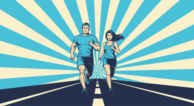 Running man and woman, isolated vector silhouettes. Run, front view. Silhouettes of athletic looking male and female runners running. Transparent background EPS version.