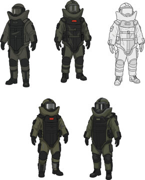 Professional bomb disposal suit set featuring EOD technician characters in heavy protective armor for explosive ordnance safety