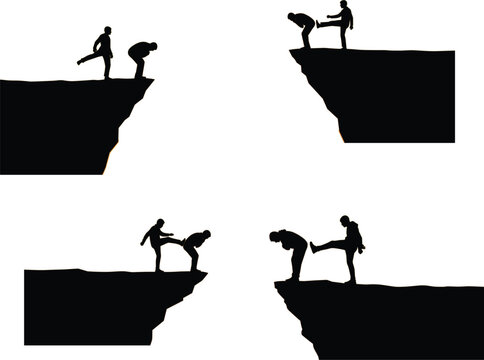 Silhouette of businessman kicking another man off cliff edge concept of betrayal competition business conflict and backstabbing