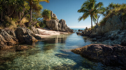 Obraz premium Secluded tropical lagoon with crystal clear turquoise water palm trees and rugged rocky cliffs