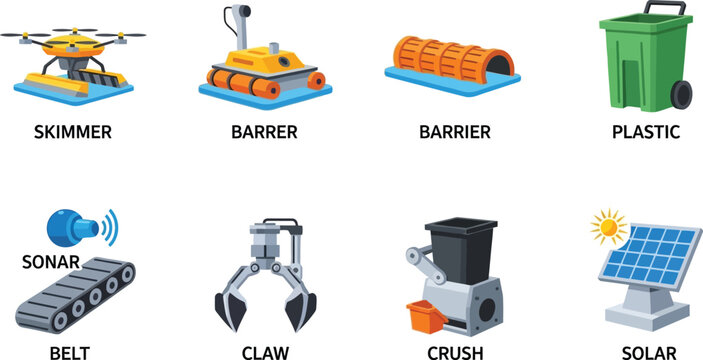 Collection of environmental cleanup robots and equipment including skimmer barrier and solar panel icons for pollution control and waste management concepts