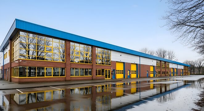 Modern industrial building with blue roof and yellow doors
