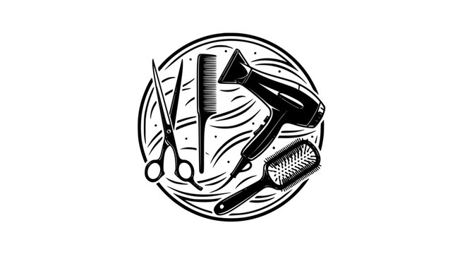 Hairstylist tools circular badge logo vector with scissors comb and dryer for beauty salon branding isolated on white