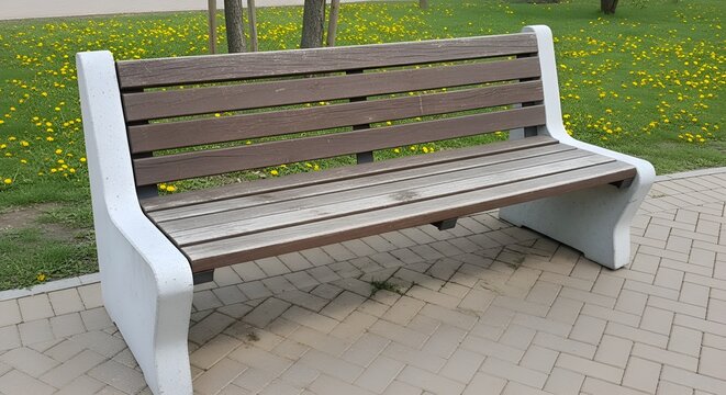 Wooden park bench with white armrests on brick pathway wooden bench