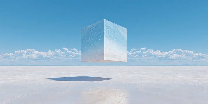 A large reflective cube floats above a vast, white desert under a clear blue sky with scattered clouds.