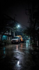 Obraz premium A dimly lit urban street at night with parked vehicles, wet pavement reflecting light, and dense overhead wiring alongside buildings.