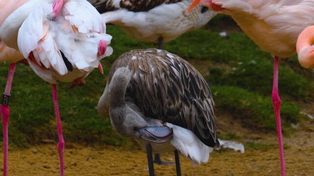 Close up of a young gray flaming chick standing between adult birds on a meadow oa cloudy day baise other birds
