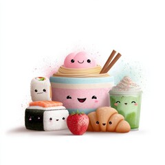 Cute Animated Food Characters Enjoying a Fun Gathering in a Bright and Colorful Setting With Smiling Faces and Vibrant Details