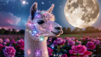 Fototapeta premium Ethereal Alpaca Portrait with Iridescent Glaze, Giant Full Moon and Full Bloom Rose Garden, Fantasy Night Sky, Dreamlike Atmosphere, Close-up, Mystical Art
