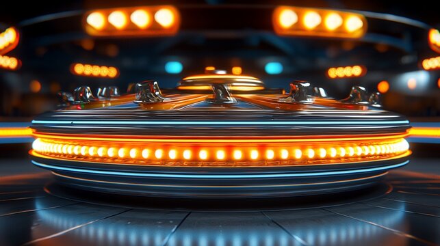 Futuristic spinning platform, glowing lights, dark background, game show set