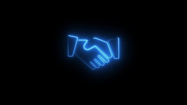 Handshake symbol . Animation of shaking hands icon in outline design, animated on a black background. Glowing Neon Handshake.4k video