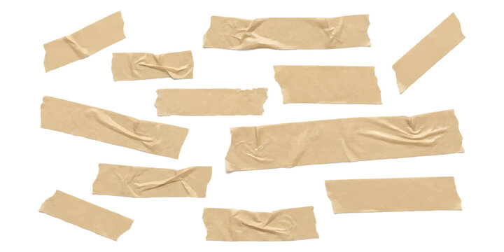 Set of realistic isolated brown adhesive masking tape strips with crumpled wrinkles and torn edges