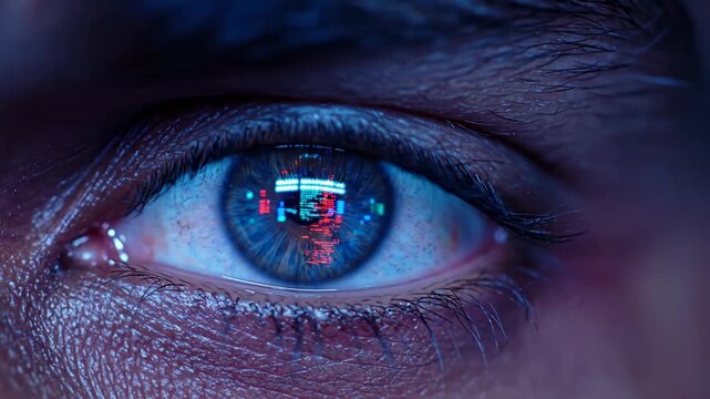 Futuristic Digital Vision showing an extreme close-up of a human eye with computer code reflection for cybersecurity and artificial intelligence concepts.