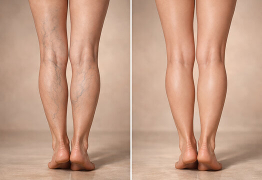 Ultra-realistic medical before-and-after visualization of sclerotherapy treatment for varicose veins on female legs.