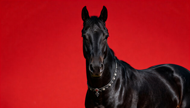 black horse front portrait upper body visible centered composition calm powerful expression sleek muscular coat with glossy highlights wellgroomed healthy appearance clean studio