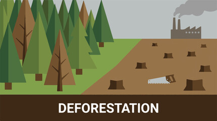 Conceptual illustration of deforestation with forest, cut trees, and factory smoke © Vision Plus Studio