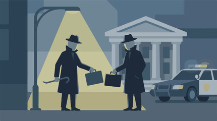 Secret meeting, two shady men exchanging briefcases near a police car at night © Vision Plus Studio