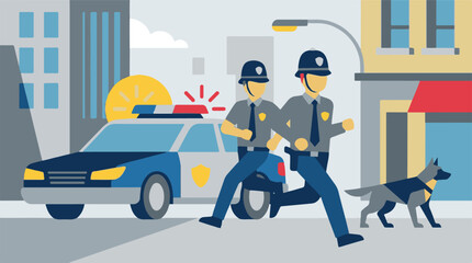 Police officers running with K9 unit and patrol car in a city © Vision Plus Studio