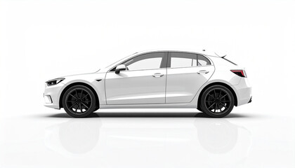 Obraz premium Modern white hatchback car with black wheels on a reflective white background