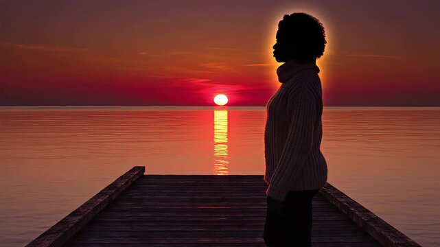 Silhouette of Woman in Knitted Sweater Standing on Wooden Dock at Sunset Deep Red Sun Reflecting on Calm Ocean Water Cinematic Coastal Solitude and Serenity