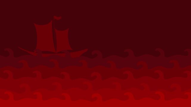 Red Waves and Ship Looping Animation on Dark Background.Vector Illustration