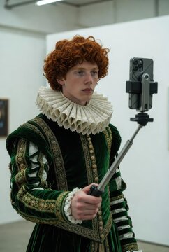 Renaissance man with curly red hair in green velvet doublet and ruff collar taking selfie with smartphone on gimbal stabilizer stick in modern art gallery creative anachronism