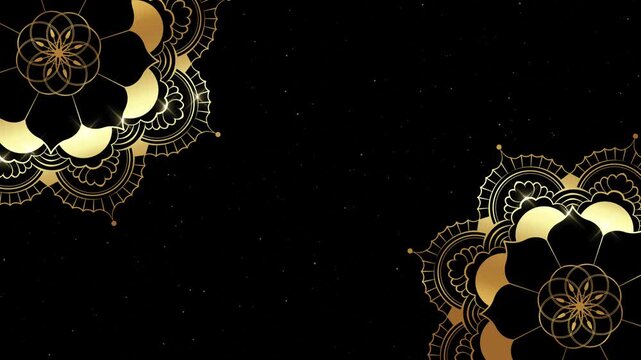 Animation of Luxury Flower Mandalas background with gold frame in arabesque pattern Arabic style. Motion Graphics Video Mandala Rotating and glittering. Black Space Background, copy space for you text