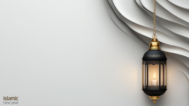 Ornate golden lantern with a lit candle illuminating a minimalist background, symbolizing new beginnings, spiritual reflection, and celebration for Islamic new year
