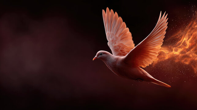 Holy Spirit dove descending with fiery tongues and glowing sparks, symbolizing Pentecost, divine power, and spiritual awakening on a dark background. Pentecost