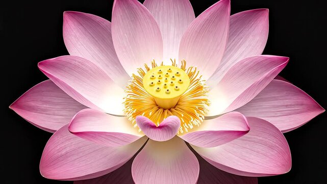 A stunning pink water lily with delicate petals, yellow center, and green seed pod, floating on dark water surface