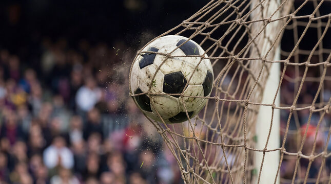 Football hitting the back of the net after scoring a goal, stadium crowd in blurred background