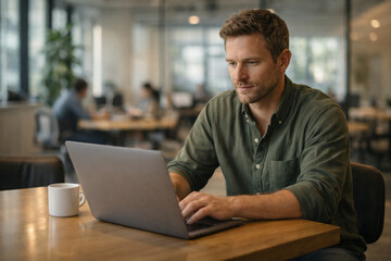 Fototapeta premium Morning glow illuminates a diligent worker focused on his silver laptop in a dynamic workplace