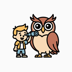 Obraz premium Cute cartoon boy using a telescope to observe a wise brown owl character featuring thick outlines and flat colors in a playful educational design for kids learning concepts