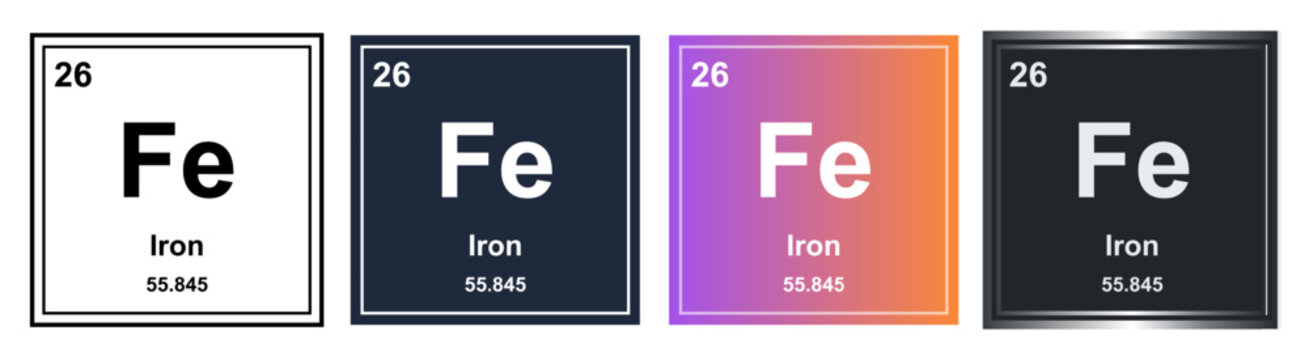 Iron chemical element Fe, periodic table element infographic with atomic number and mass