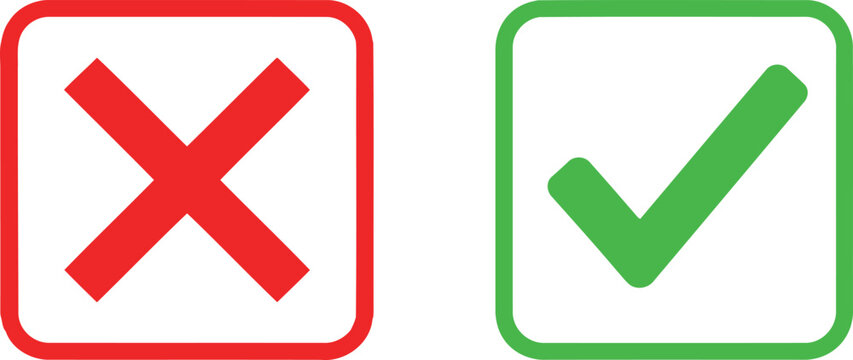 A red cross and a green check mark inside rounded square boxes isolated on a white background Vector