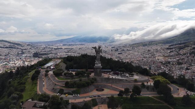 Aerial View of El Panecillo Virgen de Quito Statue Overlooking Quito Ecuador