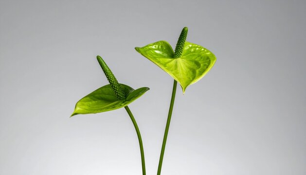 Two Vibrant Green Anthurium Flowers Against a Minimalist Gray Background