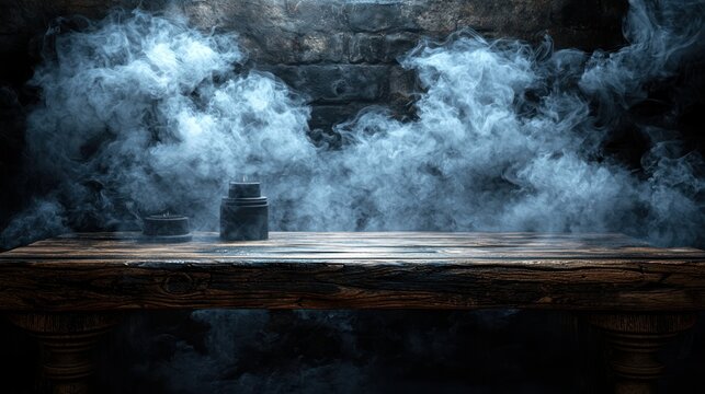 Mystical smoky wooden table product display