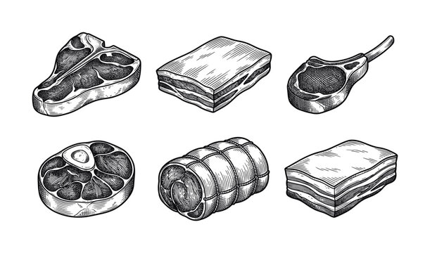 A set of various meat cuts in a vintage hand-drawn engraving style. Perfect vector illustration for butchery shop menus, restaurant branding, or food packaging design.
